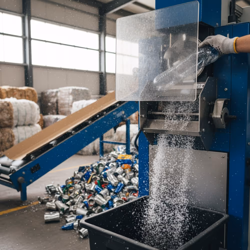 Hand feeding plastic bottles into a blue shredding machine that produces plastic flakes in a recycling facility with piles of crushed cans in the background.